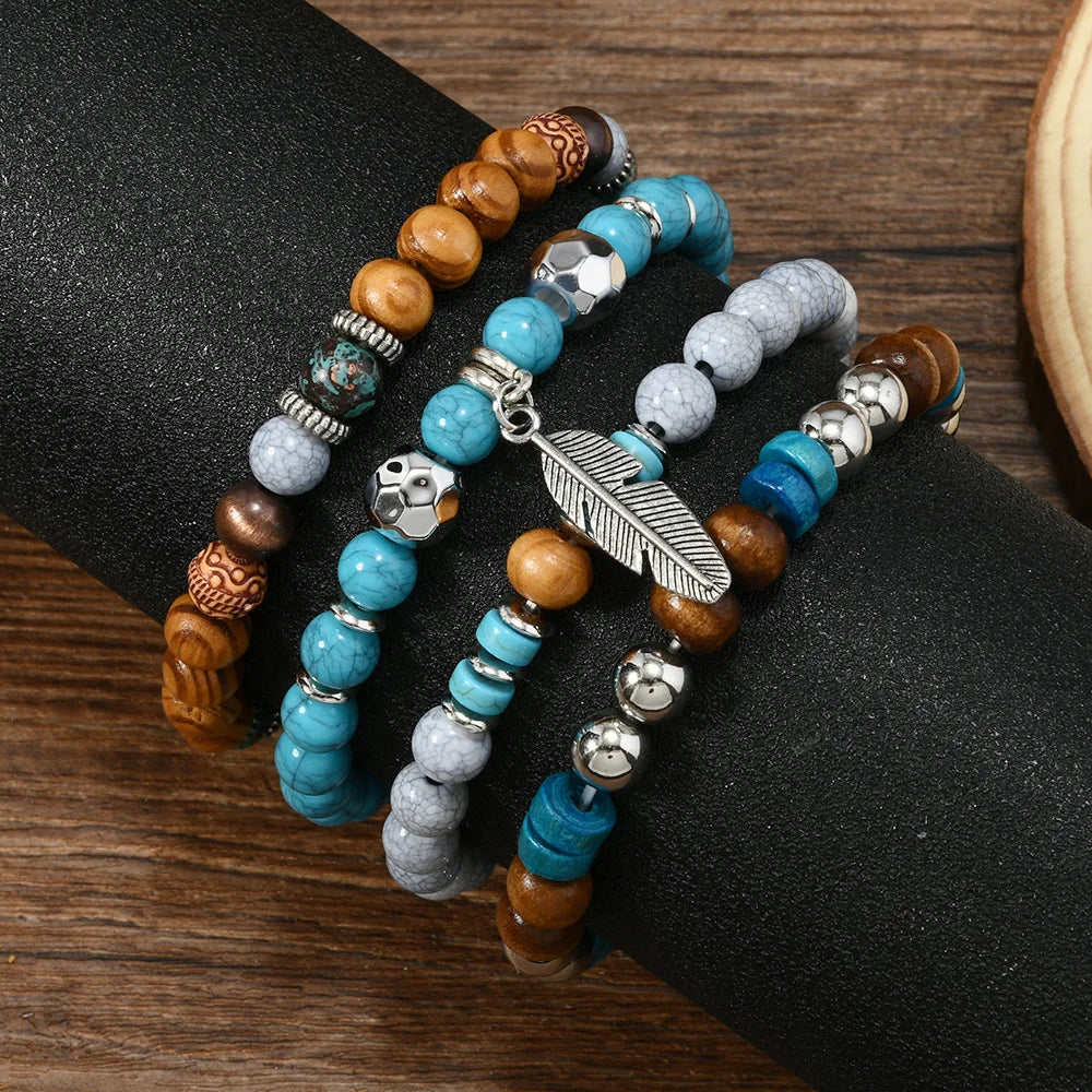 Bohemia Multi Layer Beaded Bracelets For Men Turquoise Nature Stone Leaves Beaded Bracelets