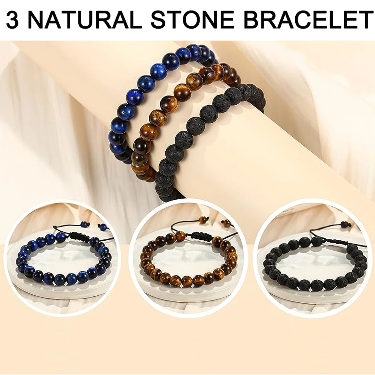 Natural 8mm HANDMADE Tiger Eyes Lava Rock Bracelet