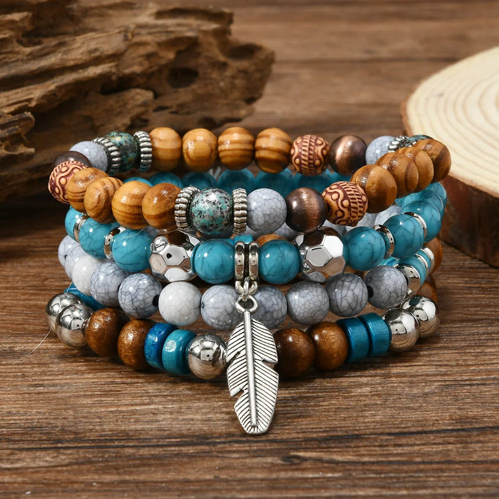 Bohemia Multi Layer Beaded Bracelets For Men Turquoise Nature Stone Leaves Beaded Bracelets