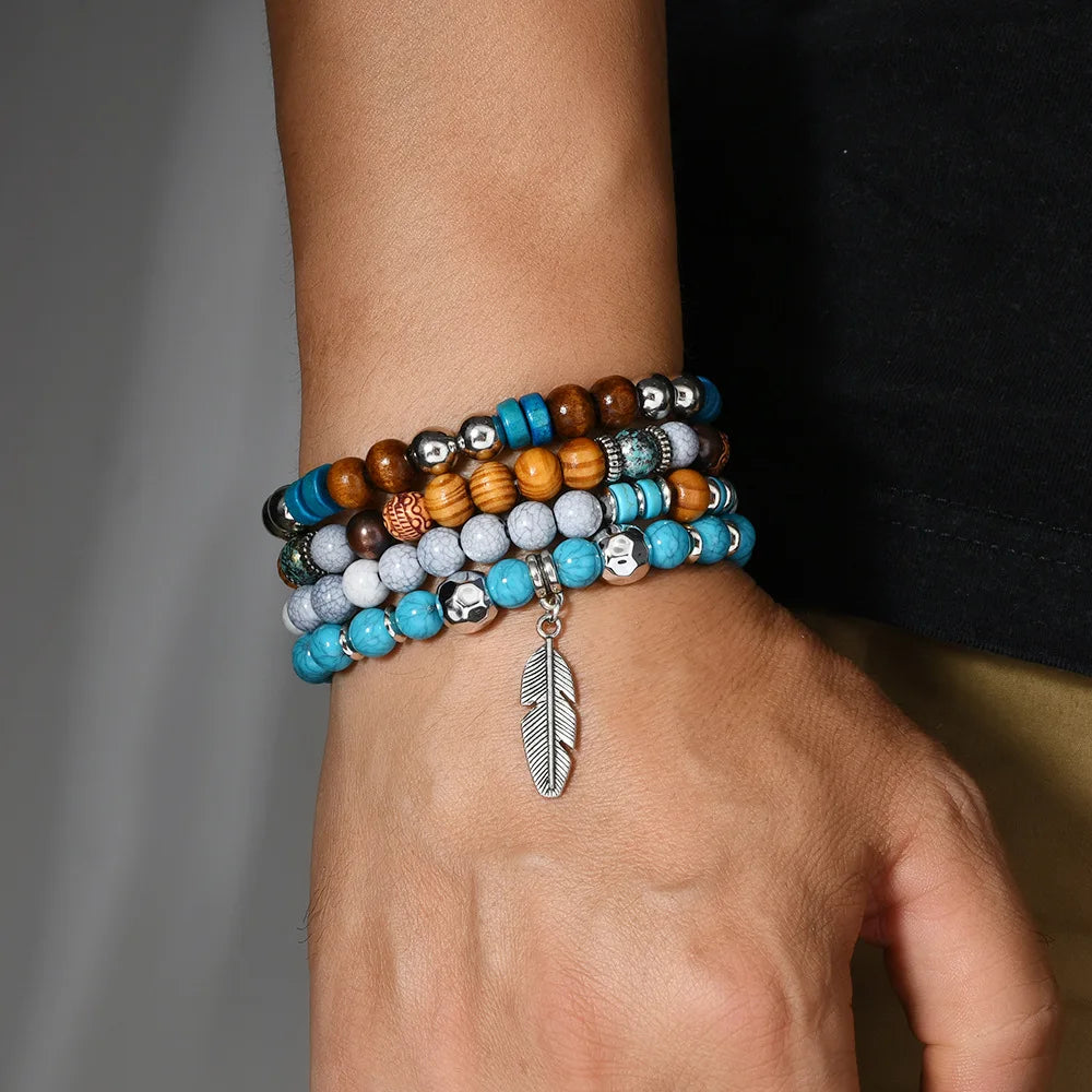 Bohemia Multi Layer Beaded Bracelets For Men Turquoise Nature Stone Leaves Beaded Bracelets